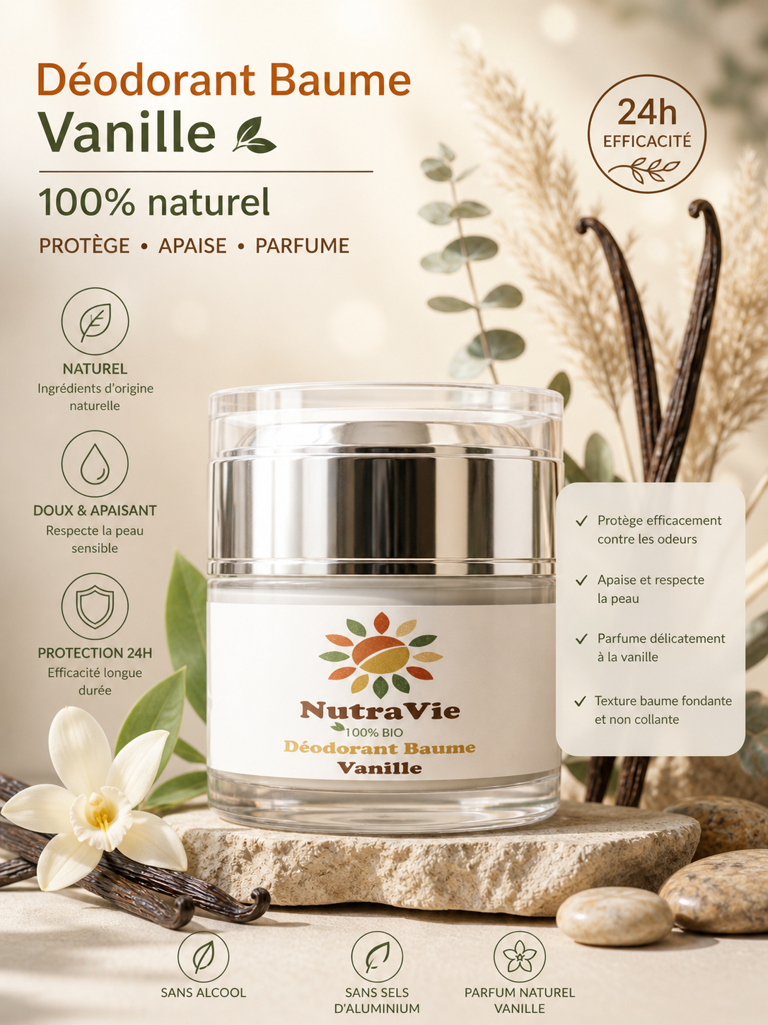 Déodorant Baume Vanille Nutravie 50g, déodorant naturel sans bicarbonate, Maroc