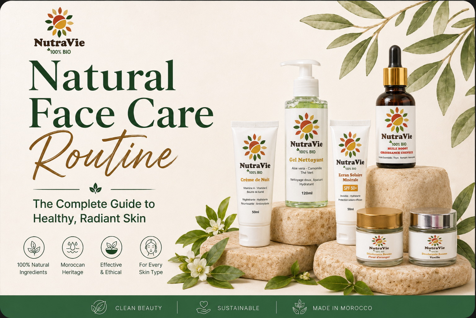 Photographie lifestyle de la gamme de soins naturels Nutravie, cosmétique botanique marocaine