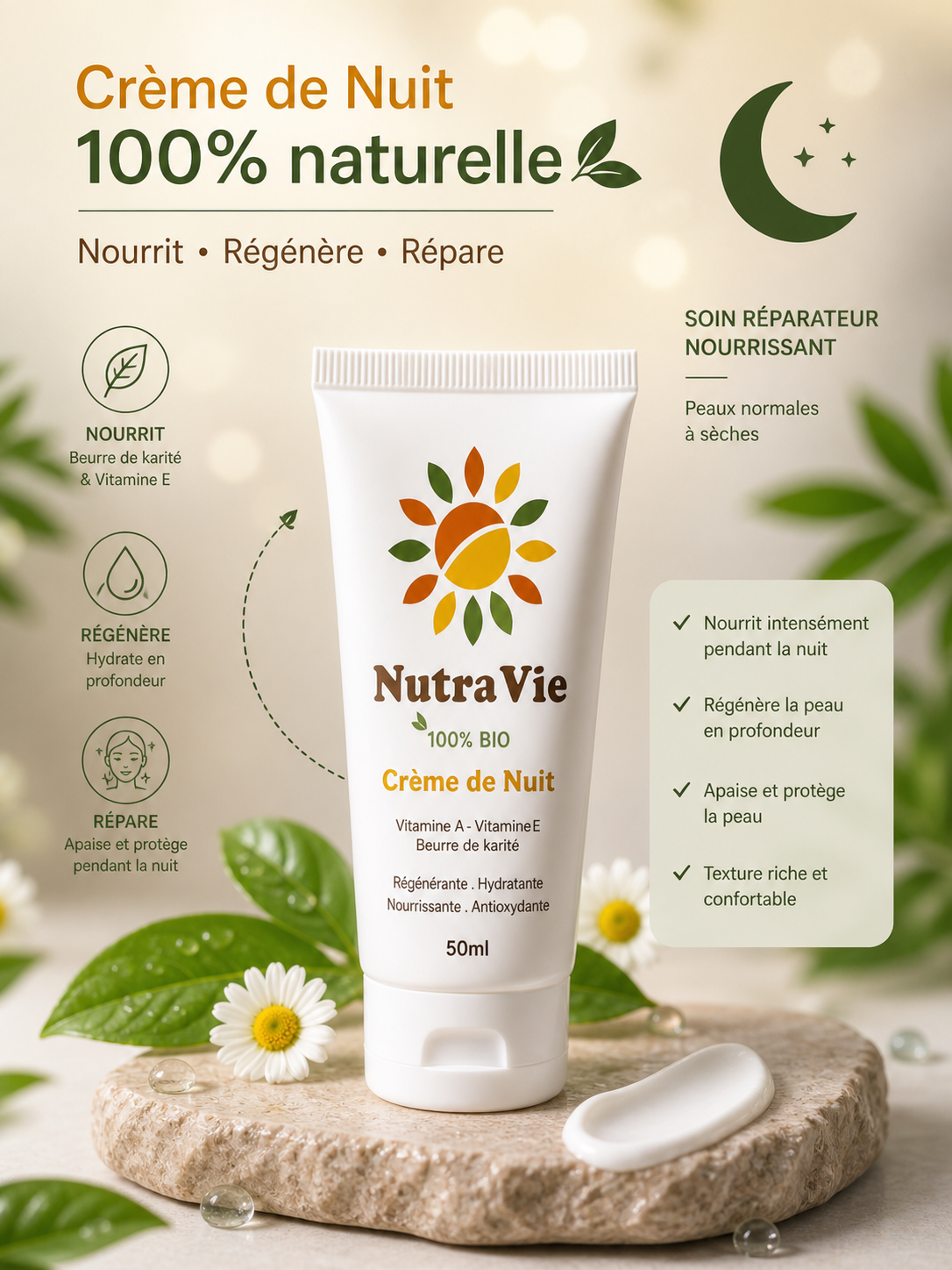 Crème de Nuit Nutravie 50ml, soin réparateur nuit naturel pour le visage, Maroc