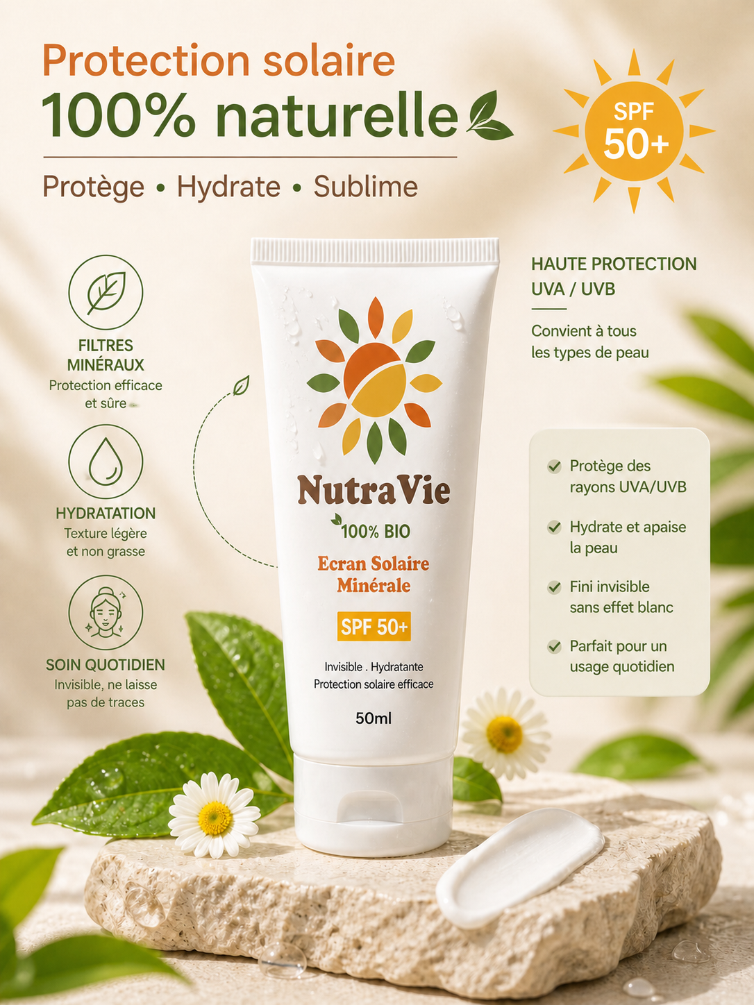 Écran Solaire Minéral SPF50+ Nutravie 50ml, crème solaire hydratante visage, Maroc