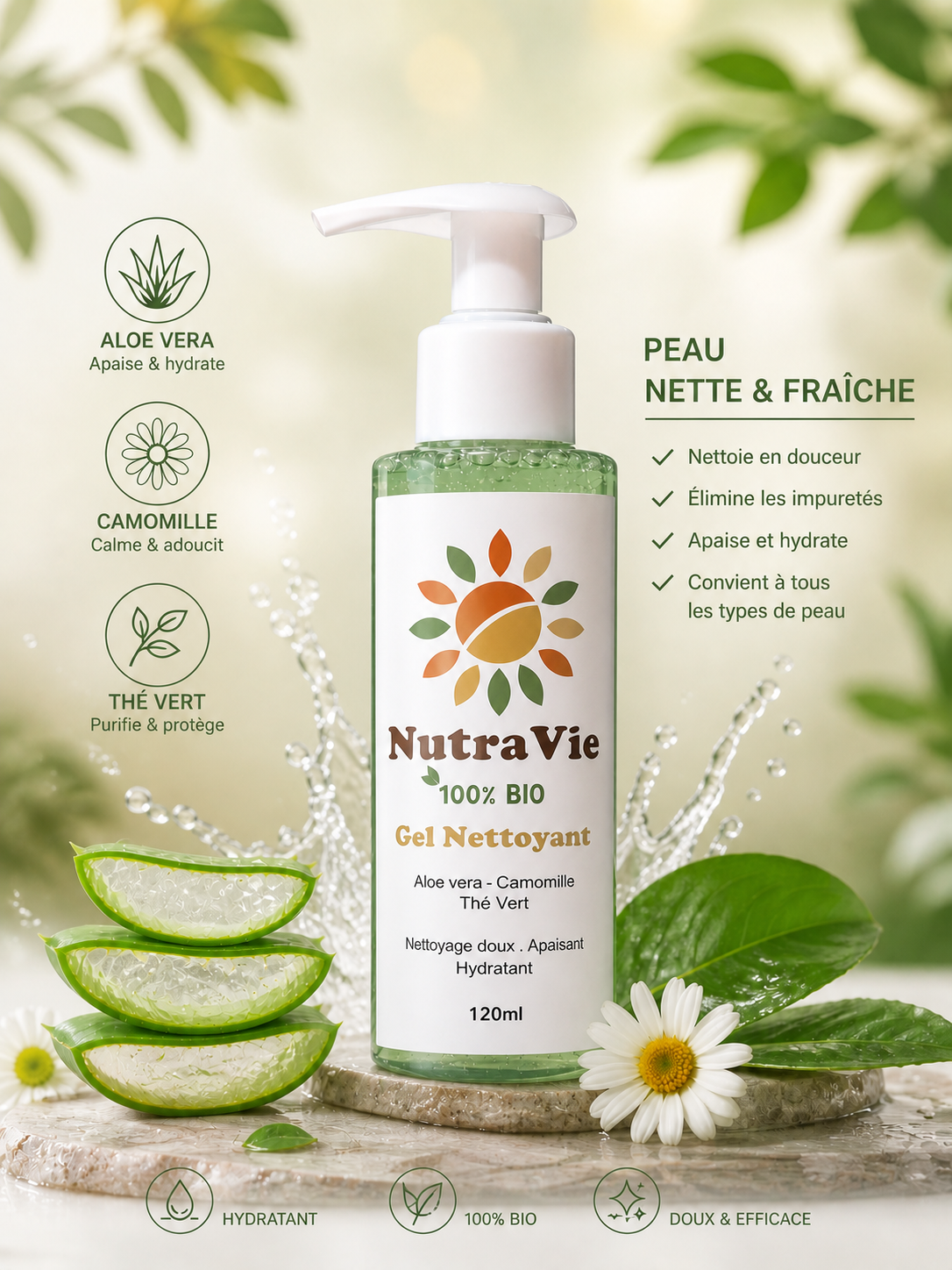 Gel Nettoyant Doux Nutravie 120ml, nettoyant visage naturel pour tous types de peau, Maroc